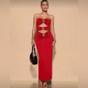 SHEIN Strapless Red Maxi Dress with Cutout Details